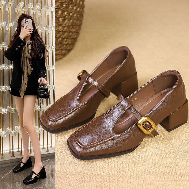 Retro Brown Designer Niche Mid-heel Chunky-heel Women's Shoes