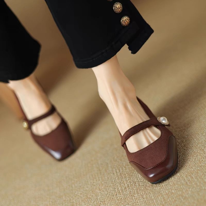 Women's Chunky Heel Suede Flat Low-cut Shoes