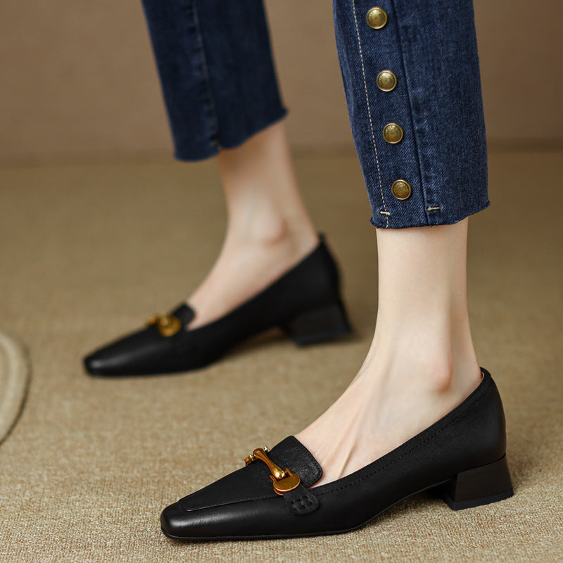 Spring And Autumn New Retro Square Toe Leather Shoes For Women