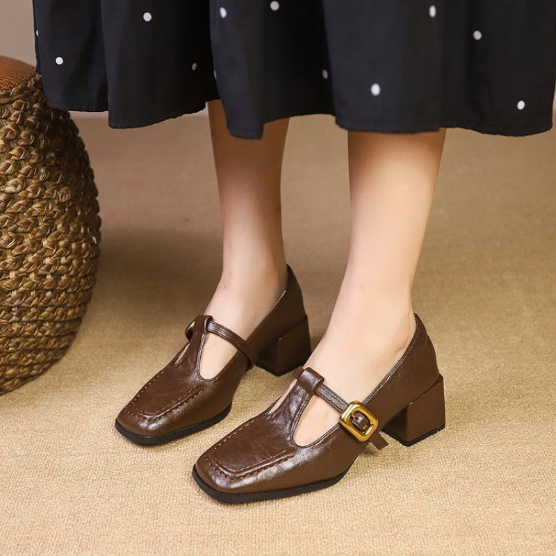 Retro Brown Designer Niche Mid-heel Chunky-heel Women's Shoes