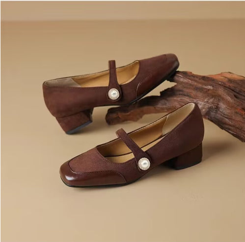 Women's Chunky Heel Suede Flat Low-cut Shoes